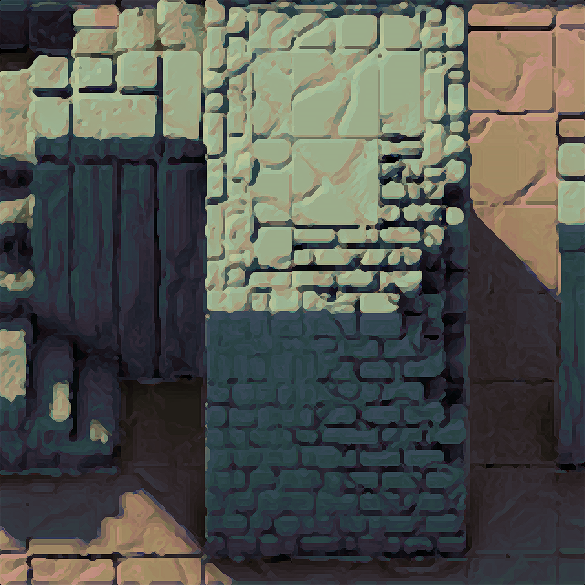 Mirko_Salm's tweet photo. @rightstickdev Screen space geometry processing using a voxel model as the base (basically what Rain World did just top-down). All the brick and tiling patterns (and the pebbles) are procedurally generated. https://t.co/Xgp3TIYNut