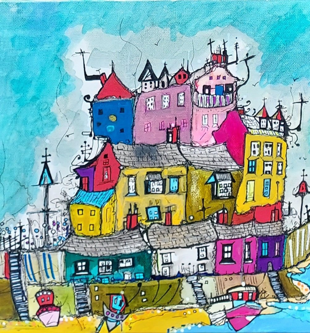 Tenby Houses a new fun painting 🖼 mixed media acrylic painting.