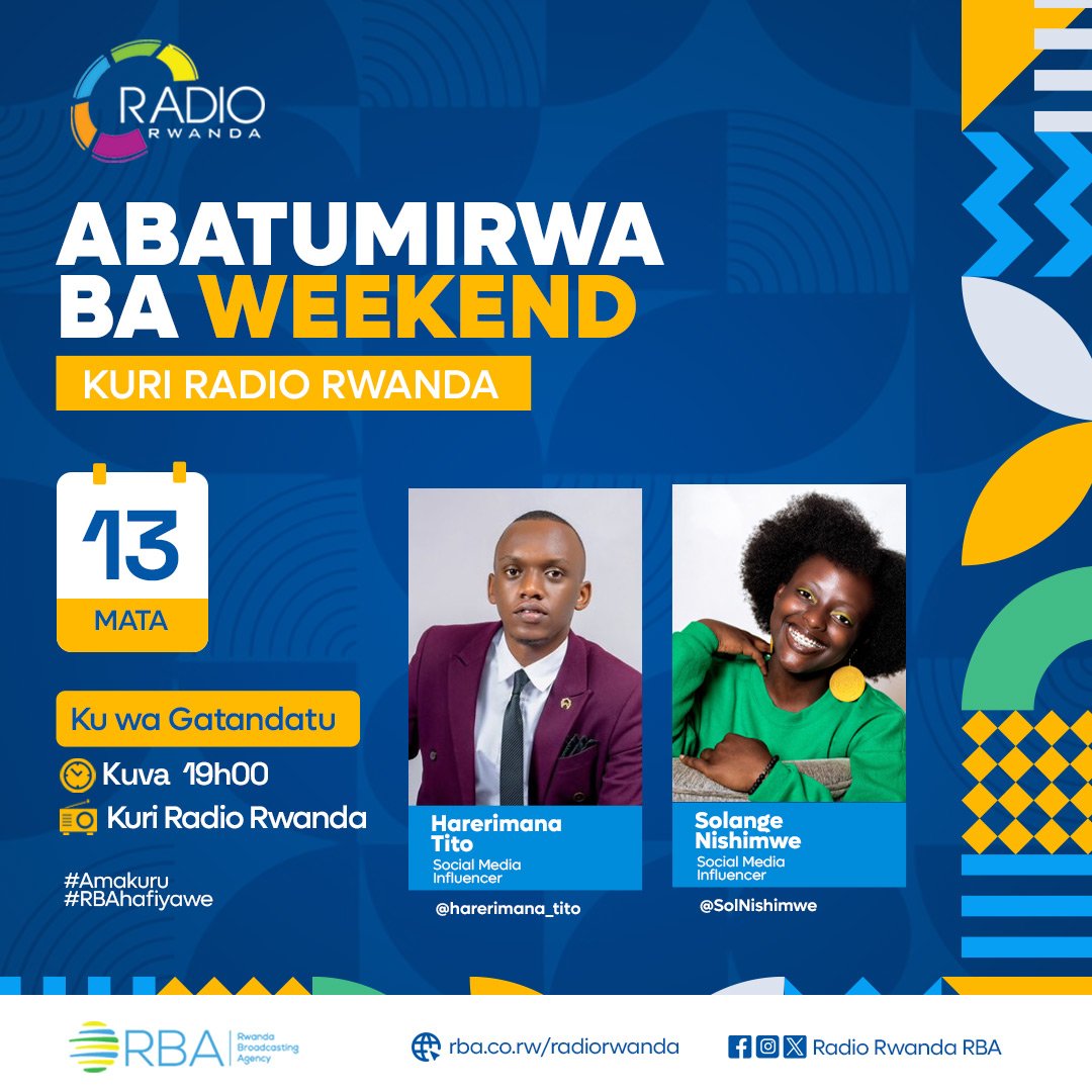 Ntibisanzwe! Bombi twabazanye!
LIVE mu #AMAKURU ya @Radiorwanda_RBA 19h00.

#RwOT  @harerimana_tito na @SolNishimwe ni #Abatumirwa ba Week-end.

#RadioRwanda #HafiYawe #Kwibuka30