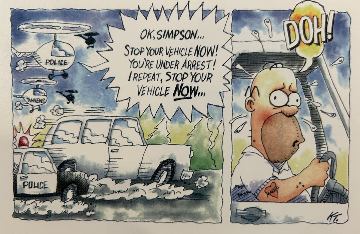 30 years ago, I drew this cartoon for The Telegram of the Simpson notorious car chase. Millions of people were glued to their tv screens (me included) watching the beloved celebrity evade police in a white Ford Bronco…. @StJohnsTelegram #ojsimpsondead