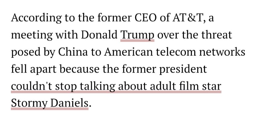 The man can't even focus on the China threat because he's too distracted with his own bullshit. Trump blew up meeting on China threat by obsessing over Stormy Daniels: AT&T CEO rawstory.com/trump-stormy-d…