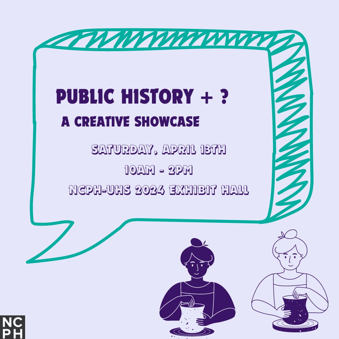 The #NCPHUHS2024 Creative Showcase, 'Public History + ?' runs from 10:00am - 2:00pm in the Alpine Ballroom! Come check out this inaugural event and support the creative side hustles of your #publichistory peers.