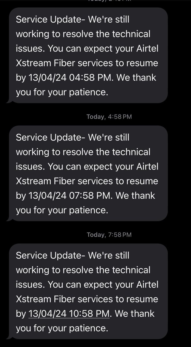 prasy78's tweet photo. @airtelindia @Airtel_Presence Fibre is down the whole day and every 3 hours getting a message saying it will be fixed in another 3 hrs. Not sure whether anyone is even working on resolving it! Pathetic service! https://t.co/kcPauK5KHi