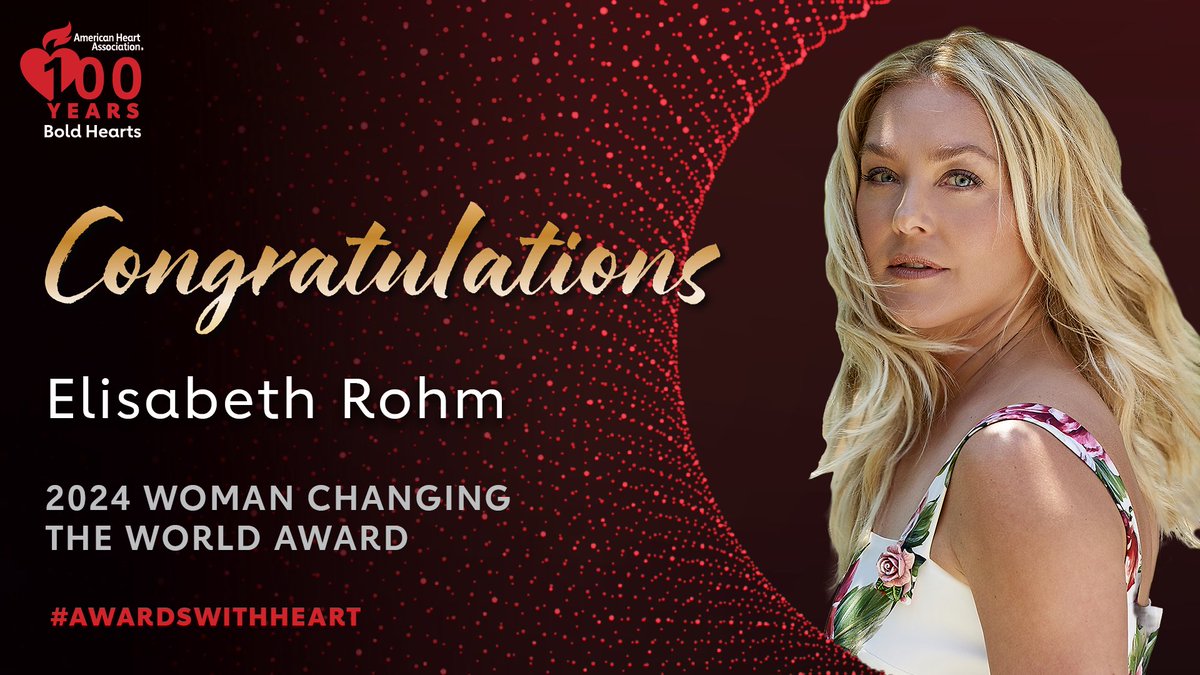 This year’s @American_Heart’s Woman Changing the World Award goes to @ElisabethRohm, longstanding AHA National Volunteer, vocal advocate, and spokesperson for the number one health threat for women: heart disease. spr.ly/6015wxUab #AwardsWithHeart