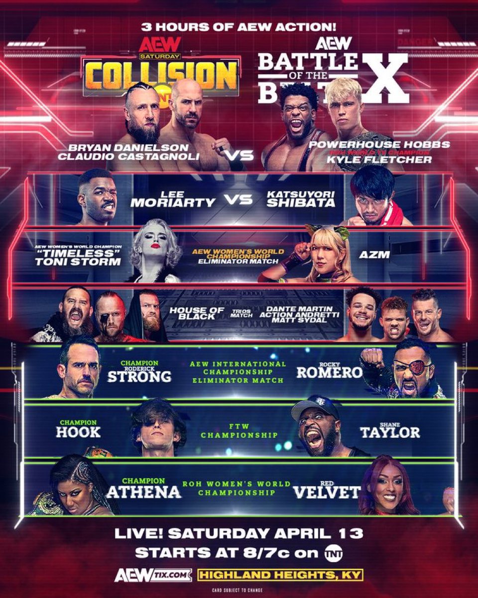 3 hours of @AEW wrestling tonight on TNT 🧨! Collision x Battle of the Belts