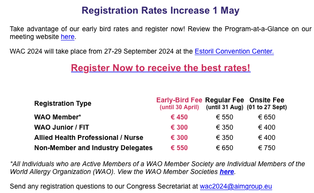 #WAC2024 will take place from 27-29 September 2024 at the Estoril Convention Center. Take advantage of our early bird rates and register now! Registration Rates Increase 1 May. aimgroup.eventsair.com/world-allergy-…