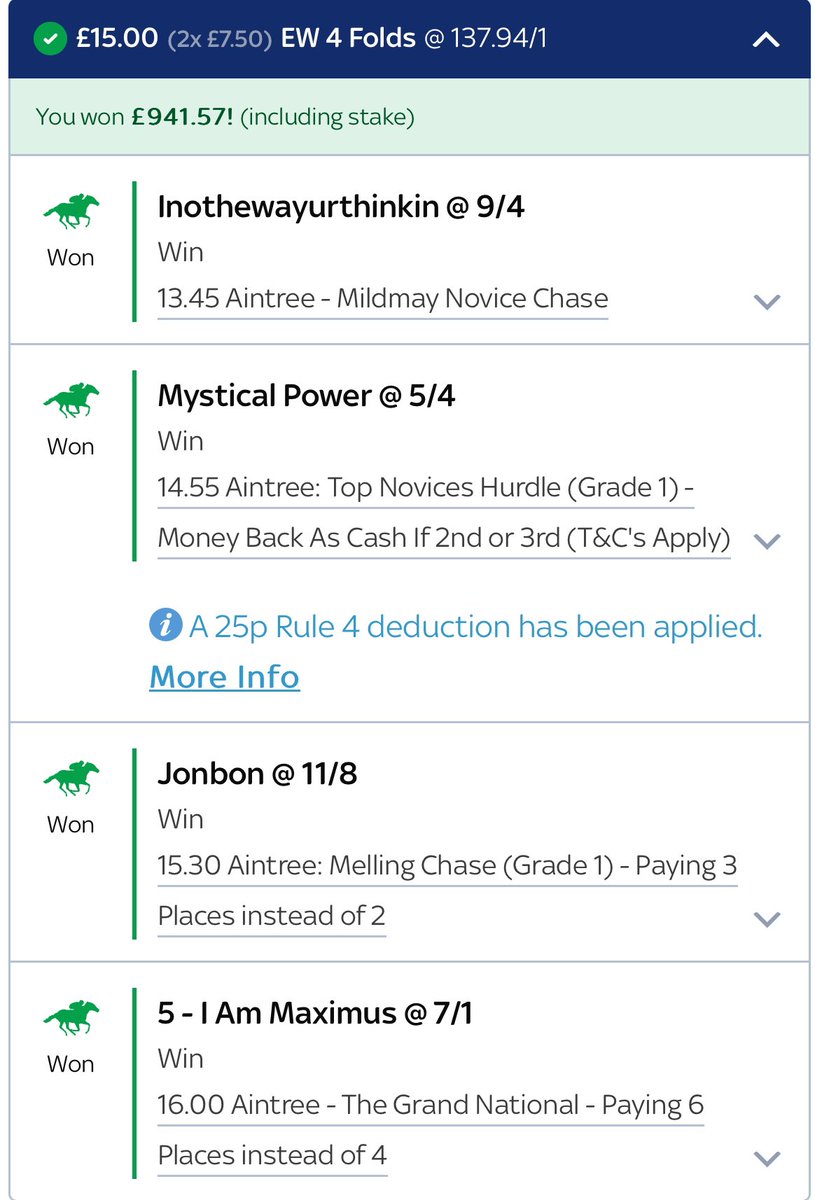 The green and gold J P McManus 4 fold Acca lands! 🟢🟡🟢🟡
Oi Oi 😃
£900 for a £15 stake. 
#GrandNational2024 #AintreeFestival #GamblingTwiiter #HorseRacing