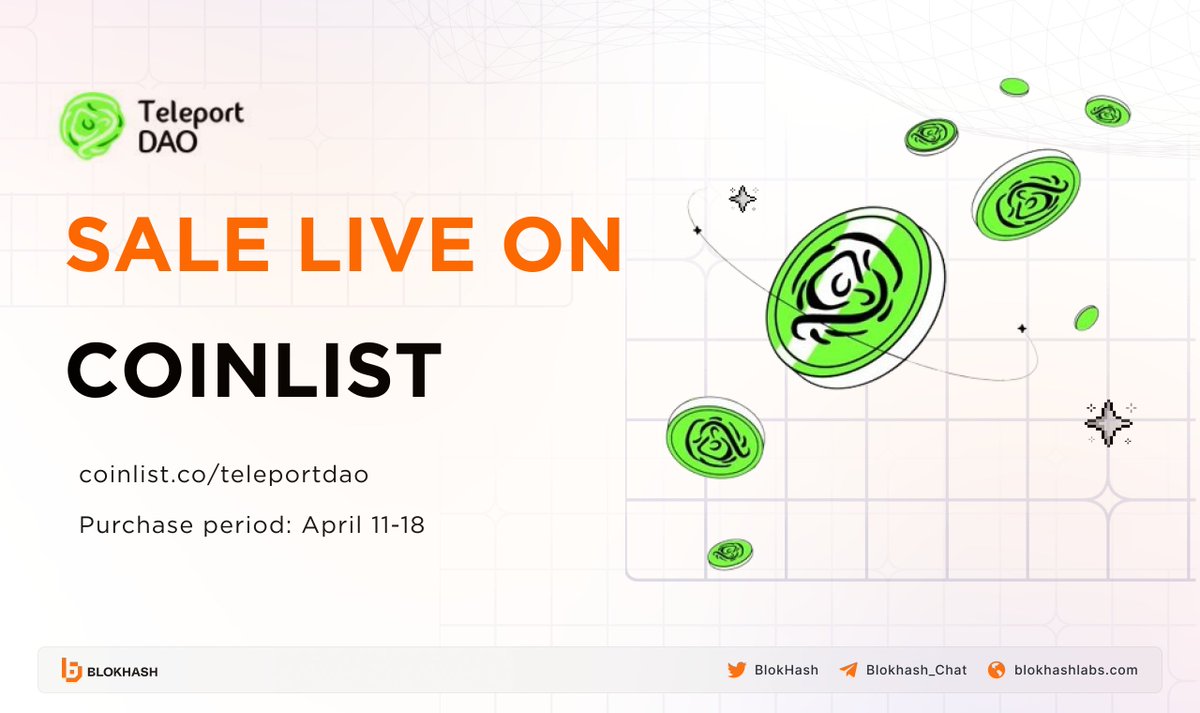 🚀 Teleport DAO Sale Is Live On Coinlist 🌟

TeleportDAO is a pioneering protocol in the blockchain space, focusing on interoperability across different blockchain networks. 

Sale Details :
🔹Token Price : $0.075
🔹Total Token Supply : 1,000,000,000 TST
🔹Purchase Period: April…