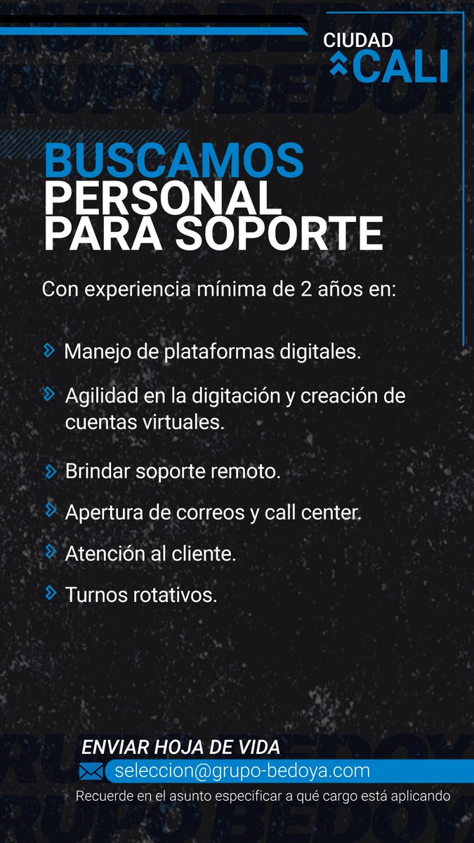 📣Vacante disponible para la ciudad de Cali✨ envíanos tu hoja de vida: