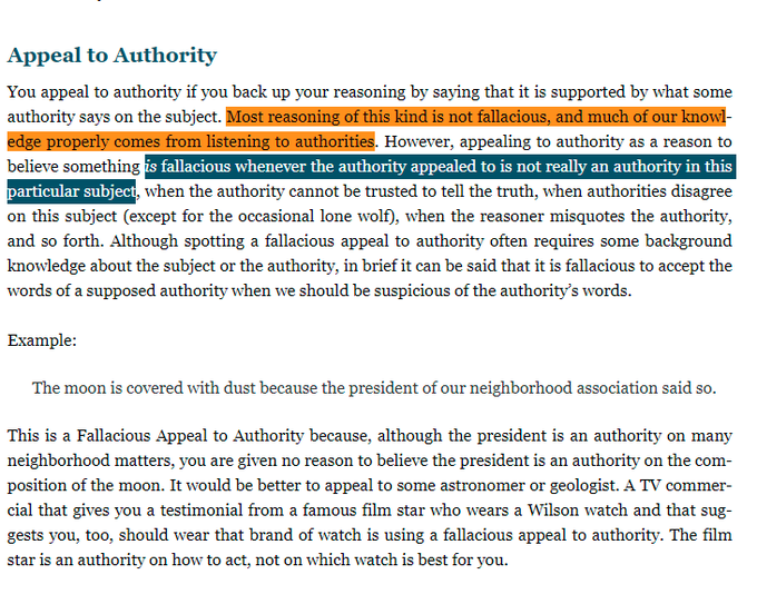 @ban_epp_gofroc @reluctantlyjoe We've covered this before; you don't understand of logical fallacies. It's not fallacious to rely on experts with a track record of being right on topics in their field of expertise. Similarly so for not relying on non-experts with a poor track record. iep.utm.edu/fallacy/#Appea…