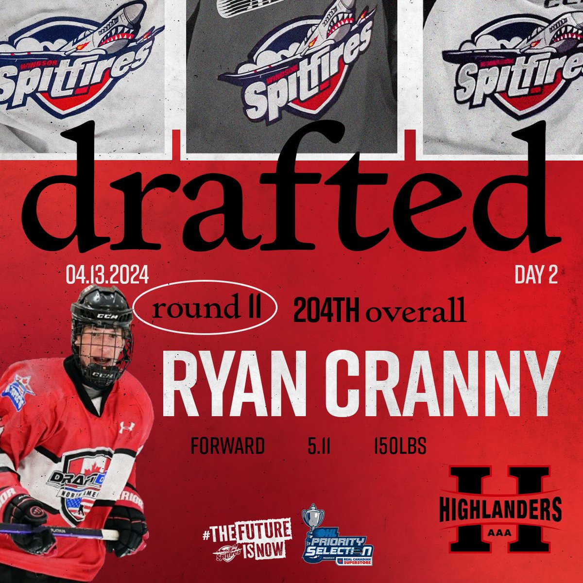 With the 204th overall pick in the 2024 OHL Priority Selection, the Windsor Spitfires are proud to select Ryan Cranny from the Grey Bruce Highlanders team! #WindsorSpitfires #OHLDraft