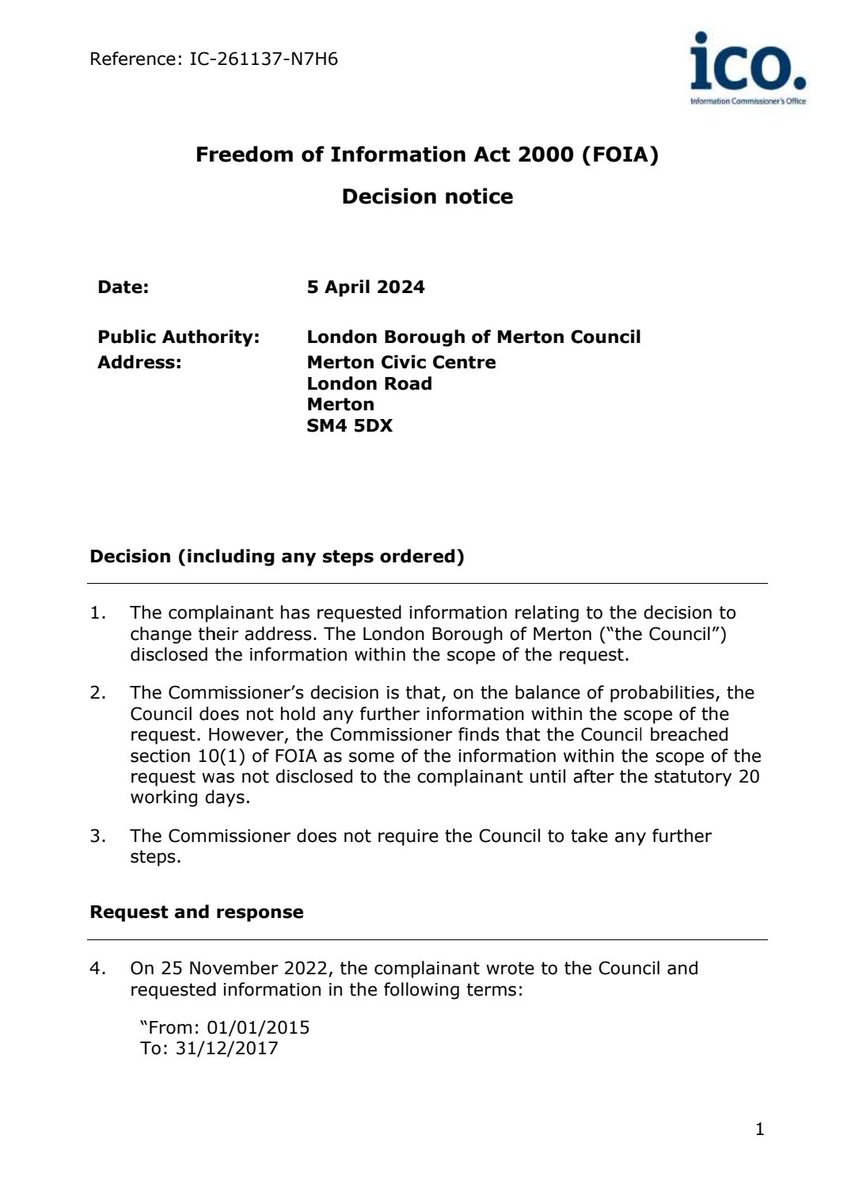 The Information Commissioner's Office @ICOnews finds that @Merton_Council has breached section 10(1) of the Freedom of Information Act 2000 (FOIA) by failing to disclose requested information within the statutory 20 working days. Case: IC-261137-N7H6