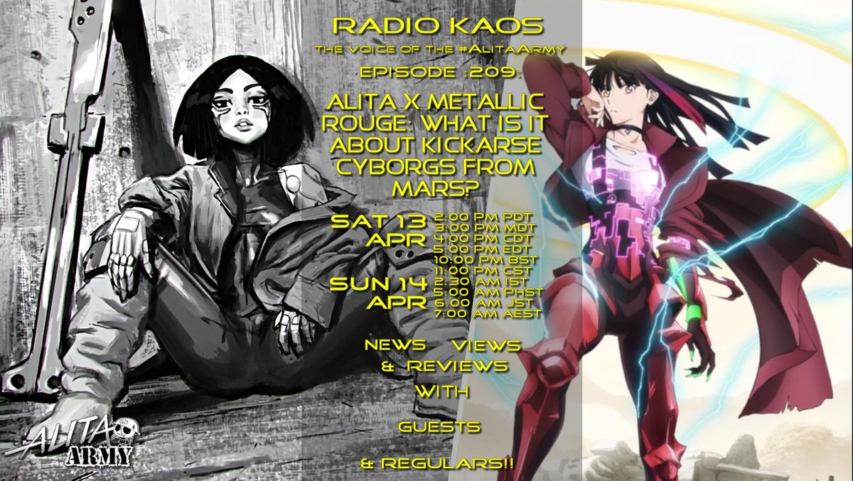 Yo, #AlitaArmy! If you're like me, you just can't get enough of cute cyborgs and androids from Mars. And if they have attitude, so much the better. This week on Radio KAOS Ep 209, we're going to compare and contrast Alita and Metallic Rouge. Join us! youtube.com/live/ZY4kLxjj9…