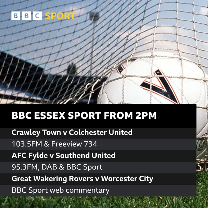 FULL TIME Crawley Town 2-3 Colchester United AFC Fylde 0-2 Southend United A good afternoon for our Essex teams, as #ColU climb out of the League Two trapdoor, and #Southend edge ever closer to the playoffs. Meanwhile... @GWRovers are into penalties, live on BBC Essex.