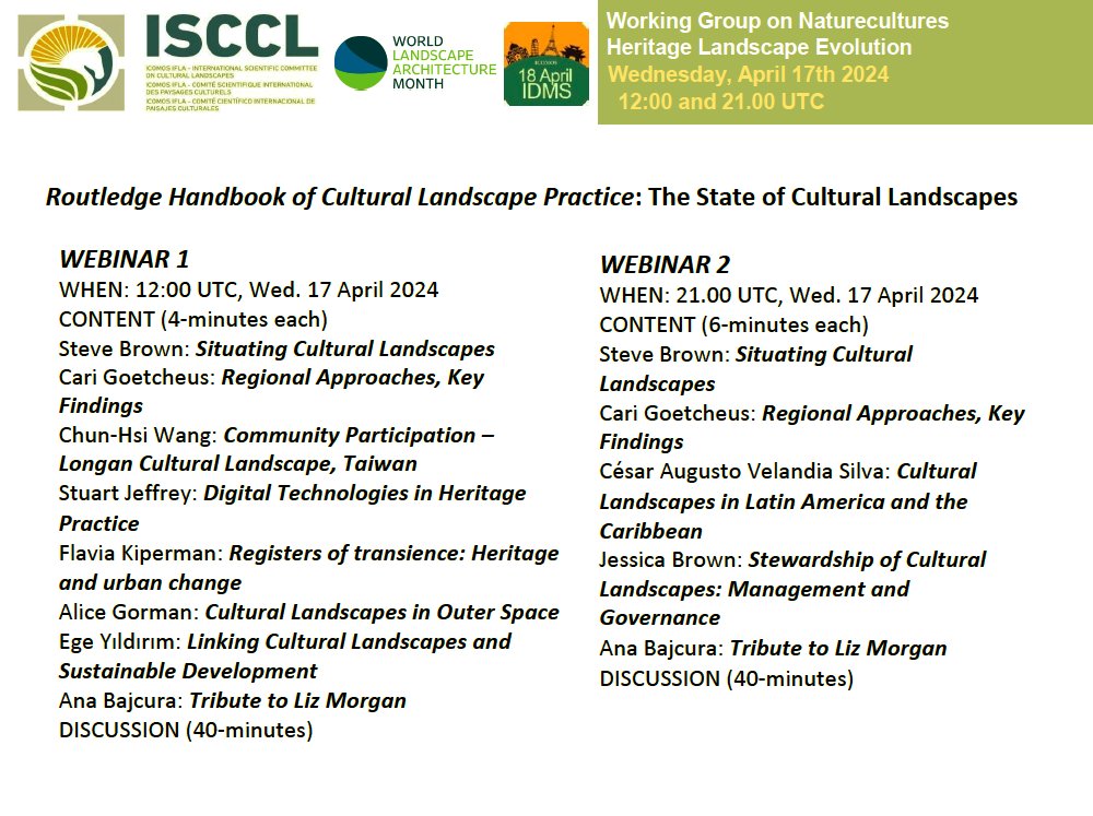 Looking fwd2 speaking at webinar focusing on wonderful publication co-edited by Steve & Cari,  'Routledge Handbook of Cultural Landscape Practice', in which I wrote a chapter on sustainability. Wed, Apr 17, 12noon UTC. Link: umass-amherst.zoom.us/j/8275484561?p… Passcode: 827548
#idms #icomos