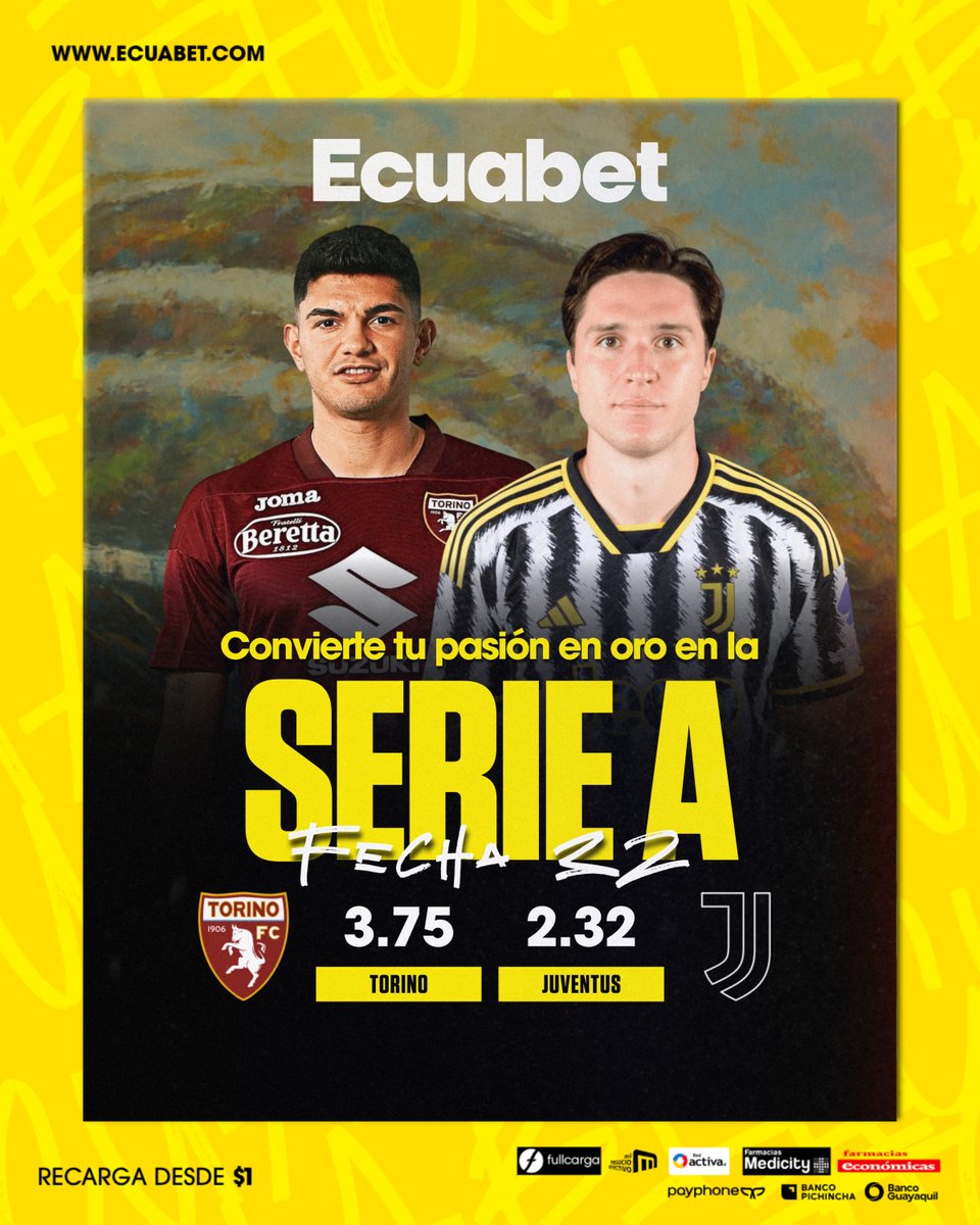 🇮🇹 ¡CLASICO EN TURÍN! ⚔️ TORINO recibe a JUVENTUS en el partido más importante del norte de Italia. 🌟 Arde la #SerieA, jornadas que lo definen todo 💸 Convierte tu pasión en oro en ecuabet.com