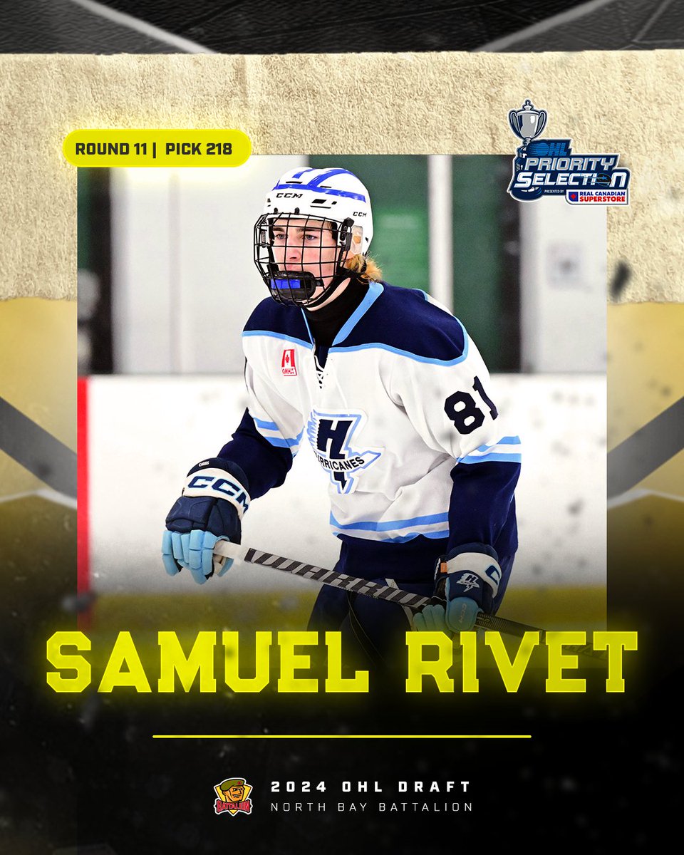 With the 218th pick in the 2024 #OHLDraft, the North Bay Battalion select Samuel Rivet.  

#GoTroopsGo