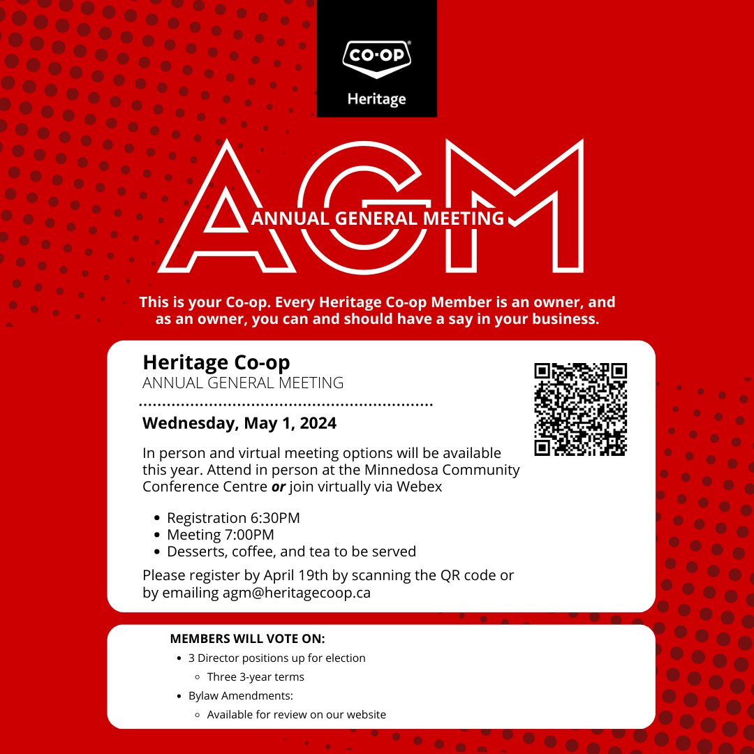Join us for our AGM on Wednesday, May 1, 2024 Minnedosa Community Centre OR join virtually via Webex Registration 6:30PM Meeting 7:00PM Desserts, coffee and tea to be served Please register by April 19th by scanning the QR code or emailing us ✉️