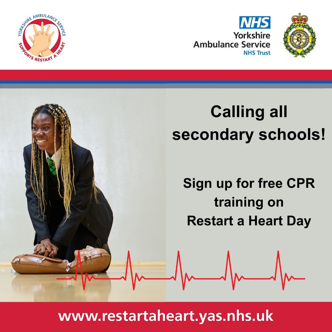 A total of 155 Yorkshire secondary schools have so far signed up for #RestartaHeart Day on 16 October to help thousands of students learn life-saving CPR. 💓 Encourage your local school to register before 19 April at ow.ly/KqWN50QNL6z