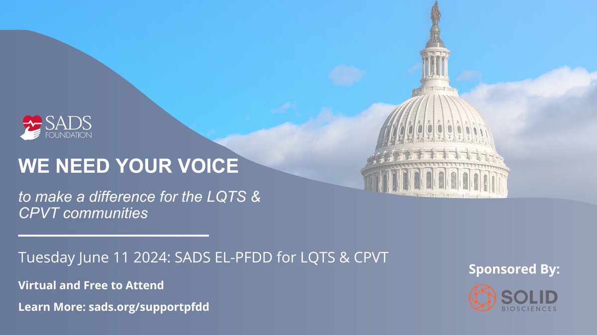 YOUR story can help advance new treatments for #LongQTSyndrome and #CPVT. Even if you can only attend part of the day, YOU are the key to this meeting’s success. Register and share your story at sads.org/research/get-i….