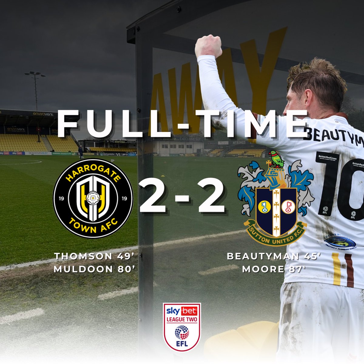 𝗙𝘂𝗹𝗹 𝘁𝗶𝗺𝗲 | 2-2 A late flurry from Sutton fighting for the winner but it’s only an away point from Harrogate today. Safe travels back to the 193 Amber Army. See you at the VBS next weekend. #suttonunited