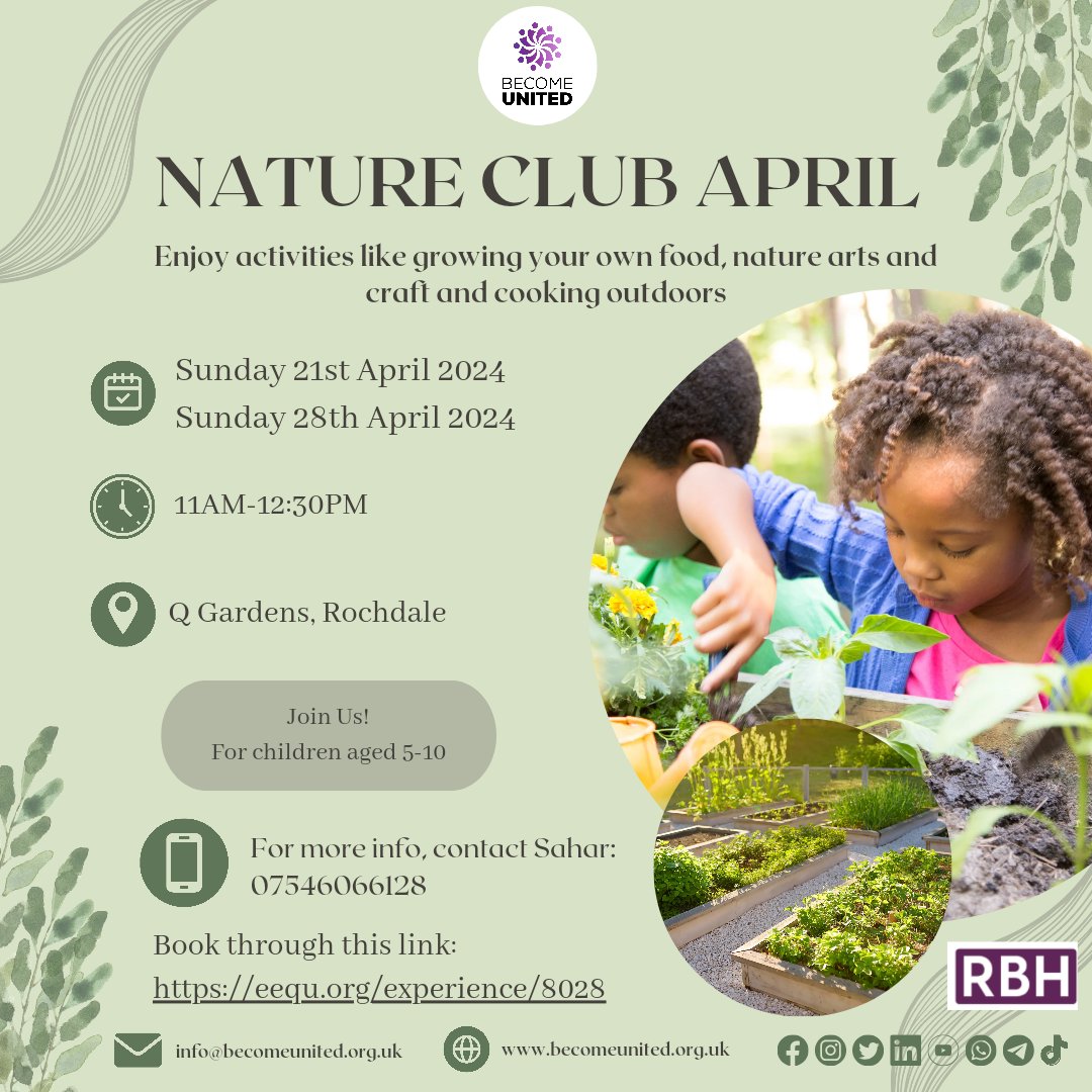 🌹Join the spring  Nature Club! 🌿
Discover the wonders of nature with fun &amp; creativity! 🌳🎨

👧👦 Activities for children ages 5-10

📅 Sunday 21st &amp; 28th April 2024
   
     11am-12.30pm

📍 Location: Q Gardens, Queens Drive, Rochdale, OL11 2NW

📝 Register now - limited
