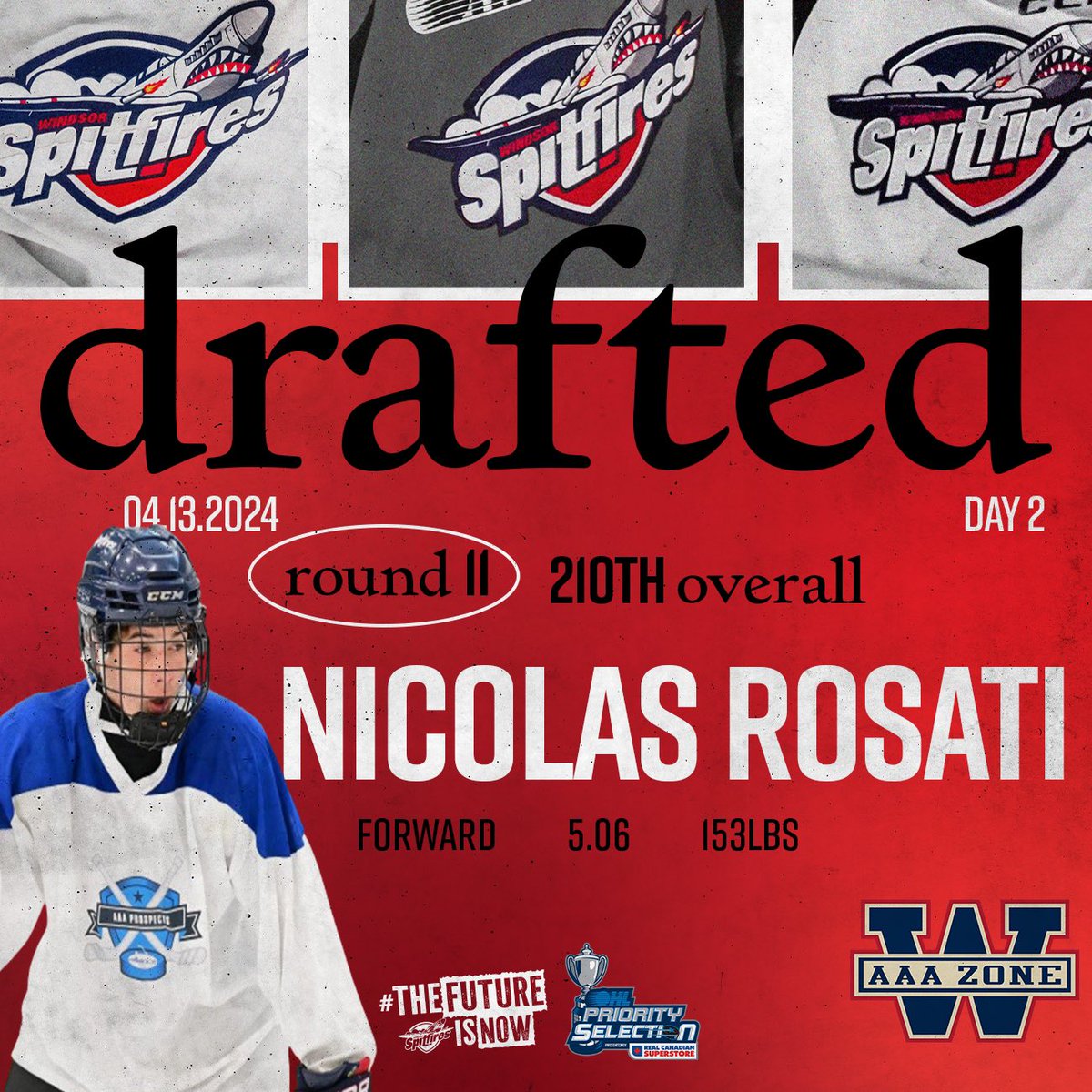 Hometown kid! 🍕 With the 210th overall pick in the 2024 OHL Priority Selection, the Windsor Spitfires are proud to select Nicolas Rosati from the Windsor AAA Zone team! #WindsorSpitfires #OHLDraft