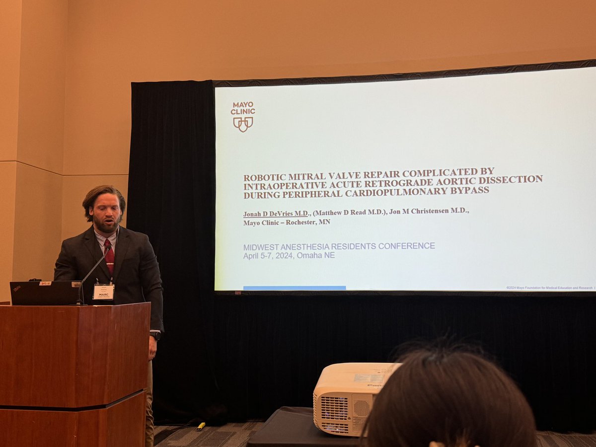 Had the opportunity to present a challenging CV Anesthesia case at the Midwest Anesthesia Residents Conference on a Robotic MV Repair Complicated by Intraoperative Aortic Dissection during Peripheral CPB Cannulation. Also enjoyed catching up with familiar faces and colleagues