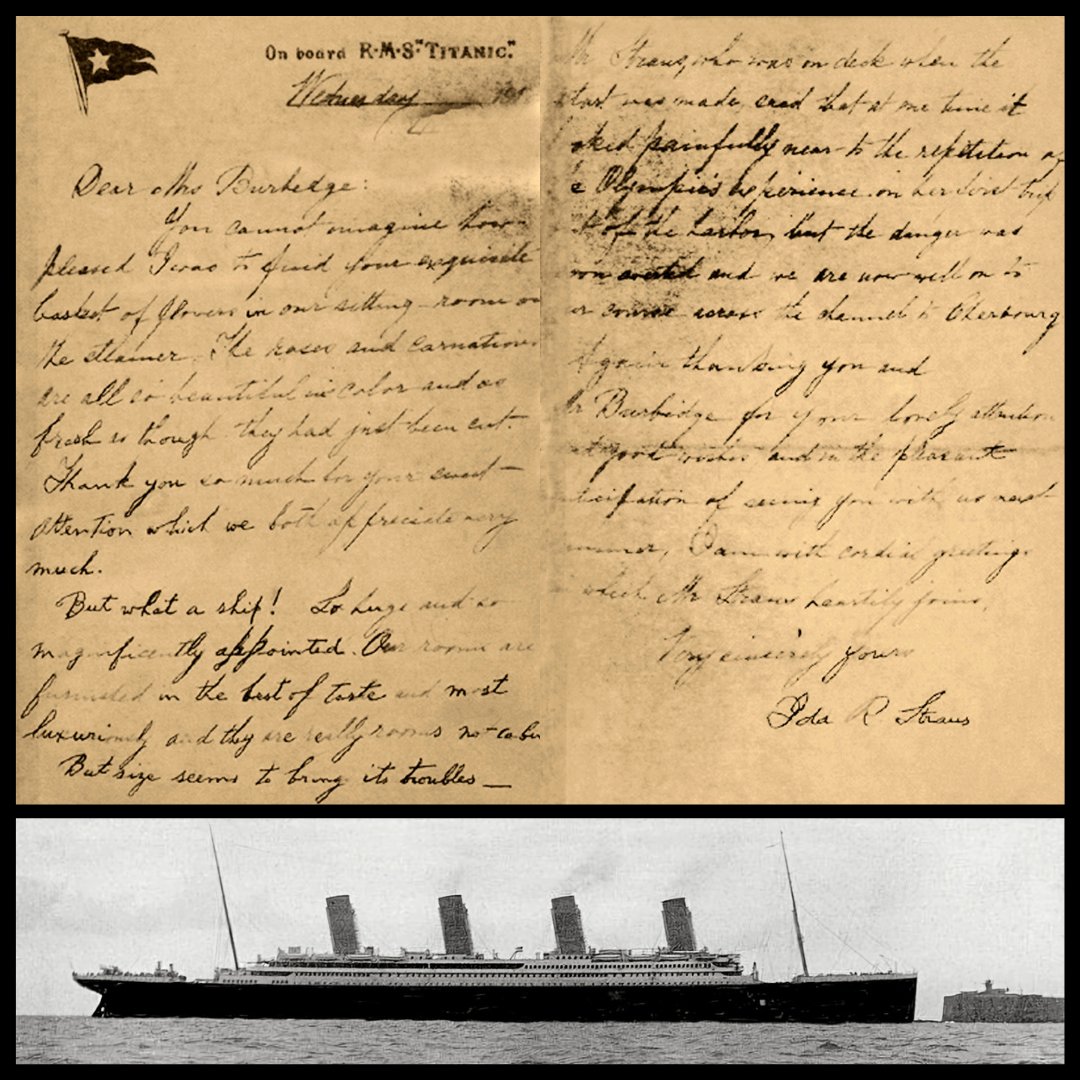 In the last letter she wrote aboard the Titanic, Ida thanked Mrs. Burbidge for the flowers she had sent to the Straus’ cabin and described their luxurious accommodations (Original letter @royalmuseumsgreenwich) bit.ly/3aqhtgj #titanic #rmstitanic #whitestarline #cunard