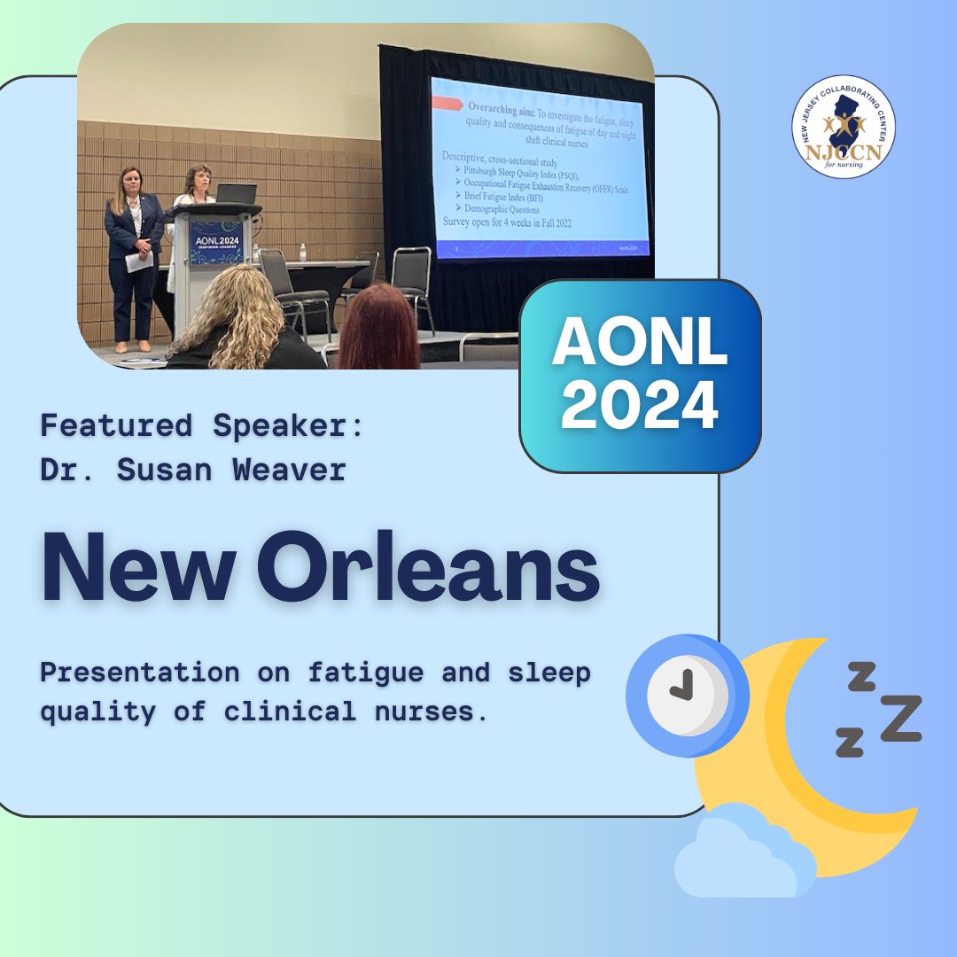 NJCCN member Dr. Susan Weaver recently shared research on fatigue and the sleep quality of clinical nurses at the AONL 2024 in New Orleans. Weaver’s presentation was entitled, “I’m falling asleep on my drive home: A call to action.” 😴🚗 #aonl2024 #sleepquality #njnursing