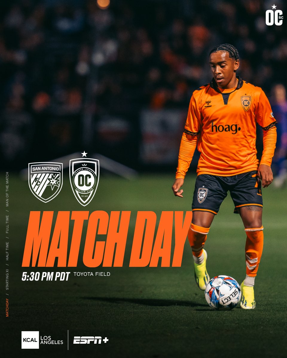 orangecountysc's tweet photo. MATCH DAY IN THE ALAMO CITY ⚔️ 

⏰ Kickoff 5:30pm PDT
🏟️ Toyota Field
📺 @KCALnews | ESPN +
🍻 @CountyCoalition watch party at The Harp inn in Costa Mesa
🆚 @SanAntonioFC 

#ForCounty | #SAvOC https://t.co/zsC3q7nPIN