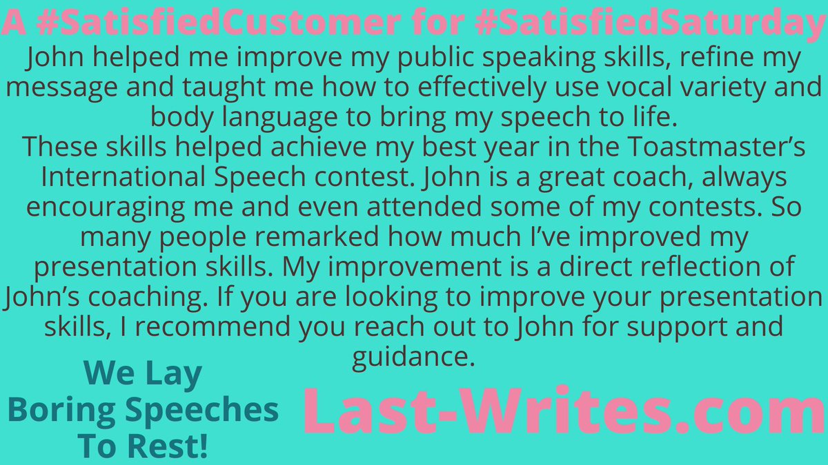 Want to be my next #SatisfiedCustomer? PM me, and let’s make it happen.

last-writes.com/contact

#presentation #presentationskills #publicspeaking #publicspeakingtips #speaking #speakingskills #speakingtips #communication #communicationskills #Speechcraft #coaching