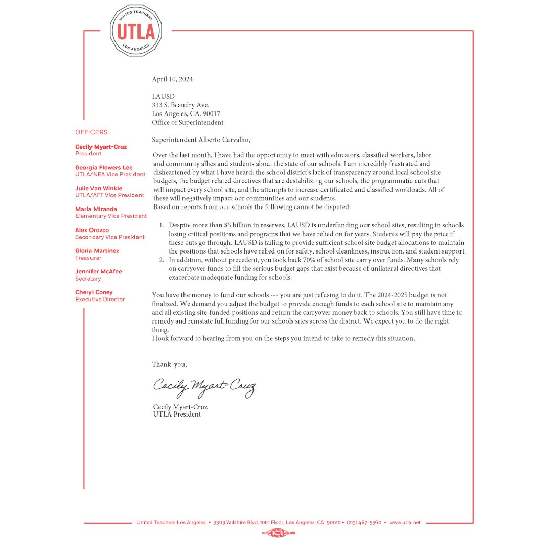 This week, UTLA President Cecily Myart-Cruz wrote a letter to Carvalho demanding the district take swift action to correct the district's failure to allocate sufficient funding to school sites. The district has the money to fund our schools — they are just refusing to do it.