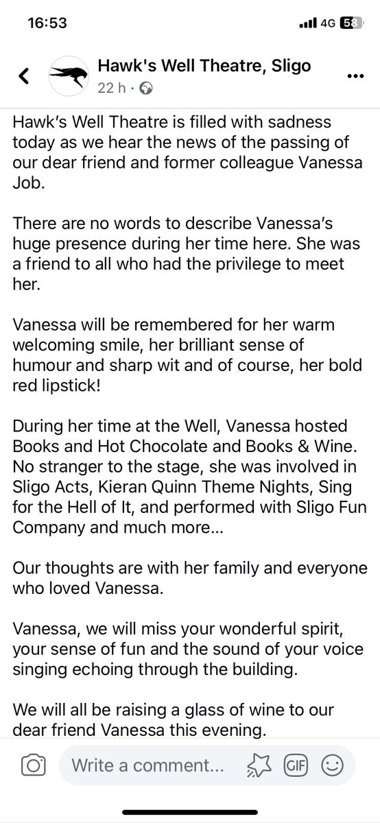 I am just so sad today - the wonderful, funny, charismatic, hugely talented Vanessa Job has died. I had the privilege of meeting Vanessa in our cancer doc ‘Ailse & Ise’ @TvTg4 . An extraordinary person. The love for her in Sligo is clear! #Vanessa sligofuneralhome.ie/vanessa-job-ne…