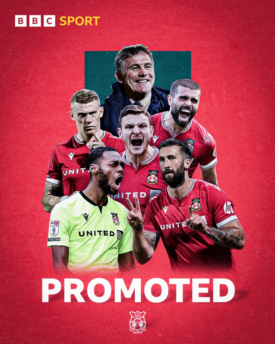 Promoted! 🤩 April 2023, Wrexham win the National League and promotion to League Two ✅ April 2024, Wrexham beat Forest Green Rovers 6-0 and secure promotion to League One ✅ The Hollywood journey continues… #BBCFootball