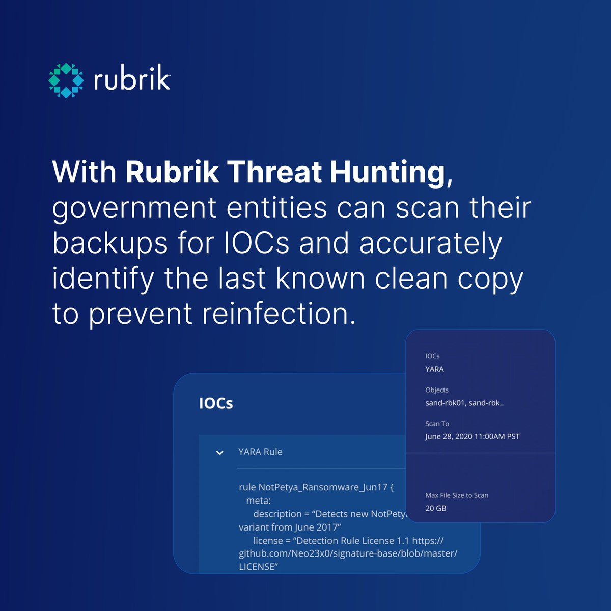 Rubrik Threat Hunting is now available to @RubrikInc Security Cloud - Government customers! Click below to learn more about how Rubrik Threat Hunting empowers public institutions to find malware and avoid reinfection: rbrk.co/4atPFV1