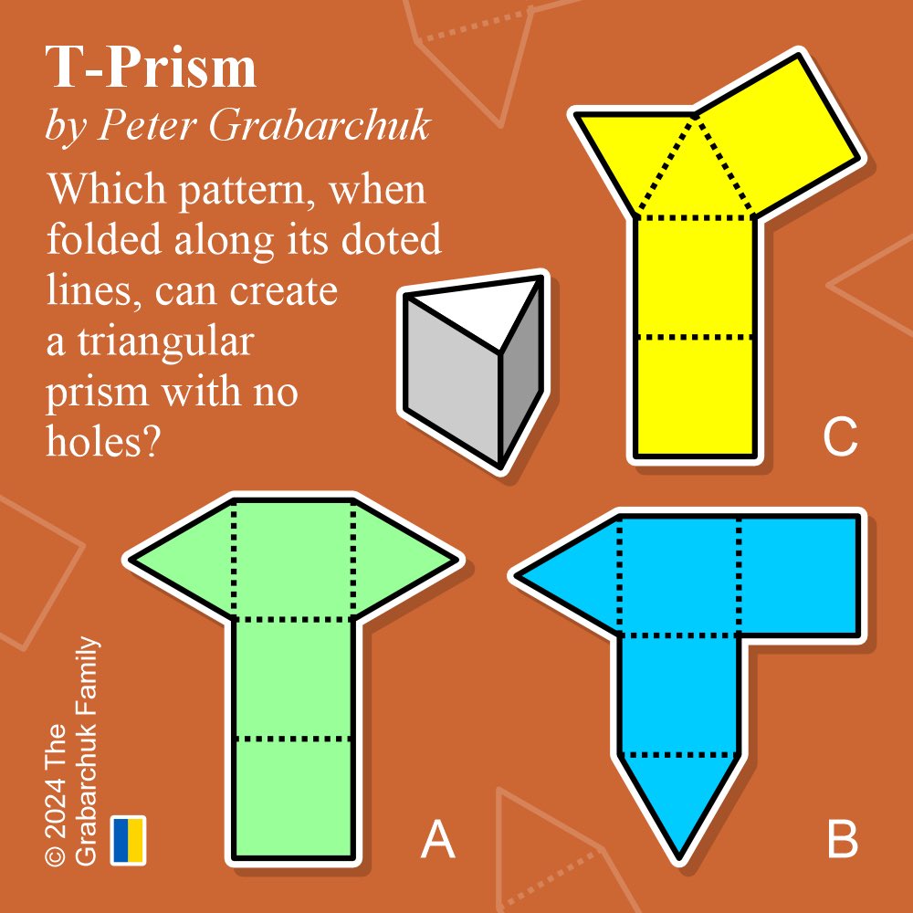 PuzzleMove's tweet photo. T-Prism (by Peter #Grabarchuk). Which layout, when folded along its dotted lines, can create a triangular prism with no holes?
#TPrism #puzzle #prism #triangularprism #fold #foldpuzzle #3D #3Dpuzzle #brainteaser #solve #challenge #think #SupportUkraine 🇺🇦 https://t.co/4PH3AeO4PC
