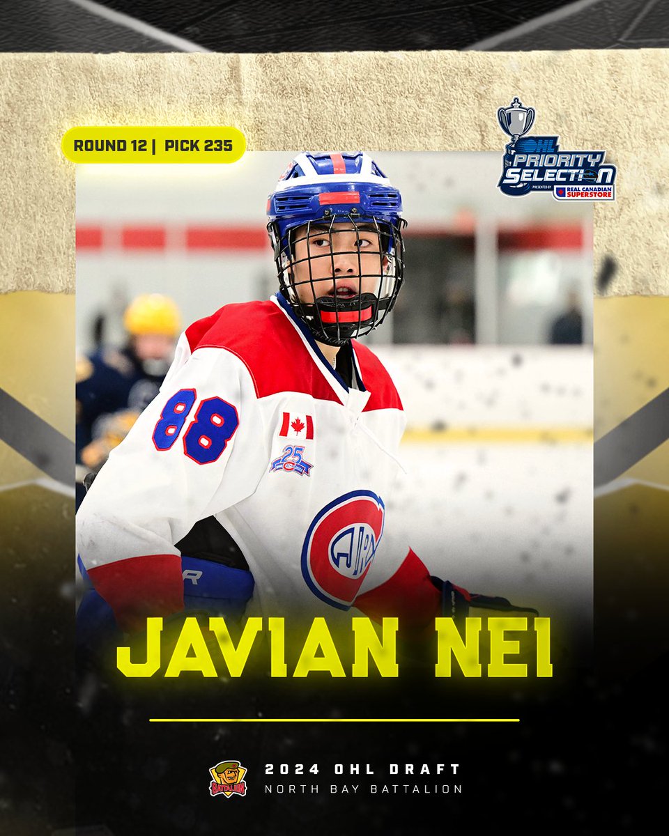 With the 235th pick in the 2024 #OHLDraft, the North Bay Battalion select Javian Nei.

#GoTroopsGo