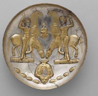 serbiaireland's tweet photo. Sasanian plate with youths (Dioskuri) and winged (Solar) horses, marking Summer Solstice, the time when snowmelt, which feeds Iranian rivers, peaks. Ca. 5th–6th century A.D. Currently kept in the Met Museum...

From: 
https://t.co/cQWPgYgi5P https://t.co/VRoKn7babR