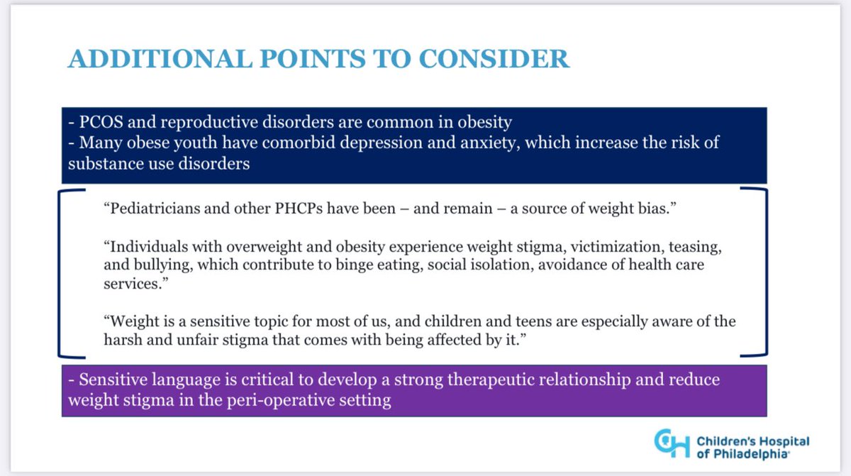@JessicaBergerMD — concludes her excellent presentation on pediatric obesity with some additional points to consider. #PedsAnes24 #PedsAnes #PedsICU #Obesity
