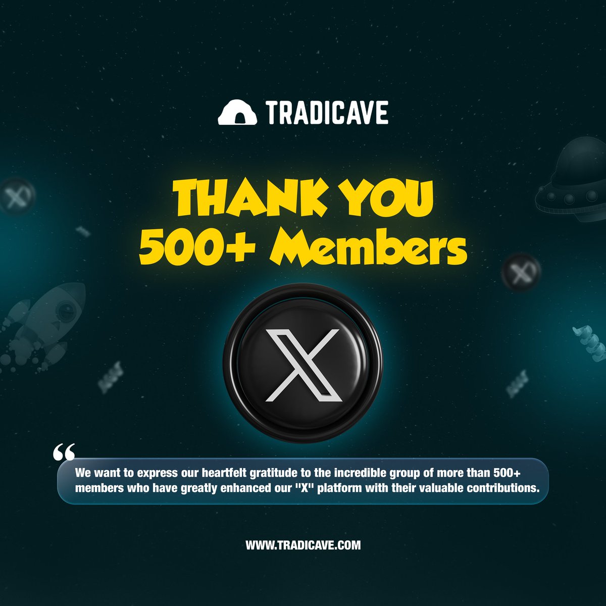 ✨THANK YOU to our amazing community of 500+ members! 🙌 Your contributions have made our 'X' platform shine brighter than ever. Here's to each and every one of you, making Tradicave the place to be for trading excellence🚀 Follow @tradicave #propfirm #forextrading