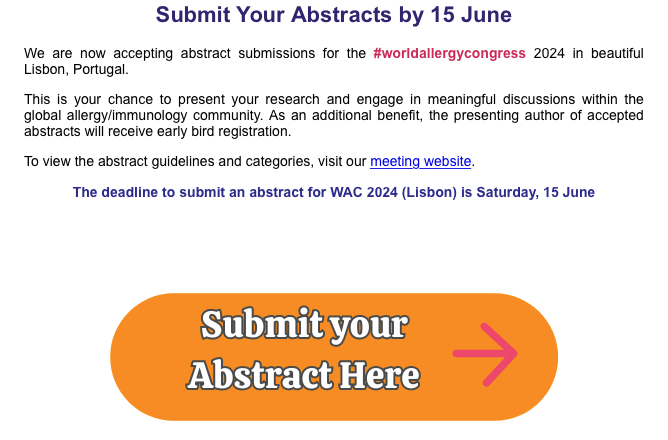 We are now accepting abstract submissions for the #worldallergycongress 2024 in beautiful Lisbon, Portugal. As an additional benefit, the presenting author of accepted abstracts will receive early bird registration. worldallergy.net/wao-meetings/w…