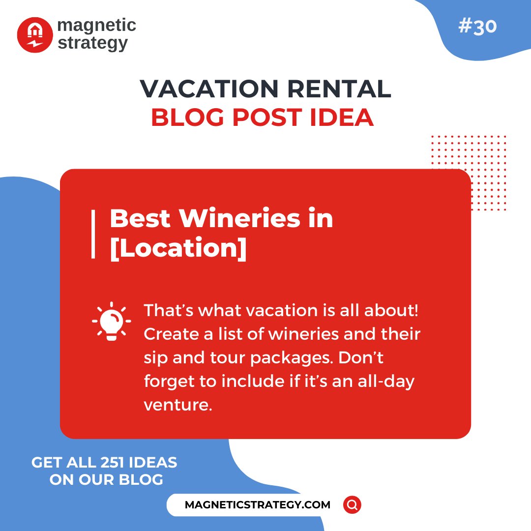 That's what vacation is all about! Create a list of wineries and their sip and tour packages. 

#vacationrentals #vacationrentalmanagers #vrm #shorttermrentals #propertymanagers #propertymanagement #airbnb #vrbo #blogging #contentideas