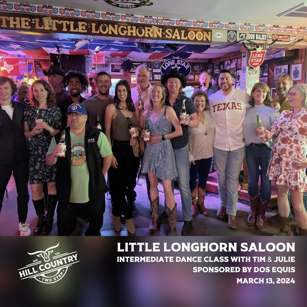 Tim and Julie are getting great reviews since joining our team! Great Dos Equis night at the Little Longhorn Saloon for the intermediate dance class! #twosteplesson #thelittlelonghornsaloon #juliemeyersv #timmartin #hillcountrytwostep
