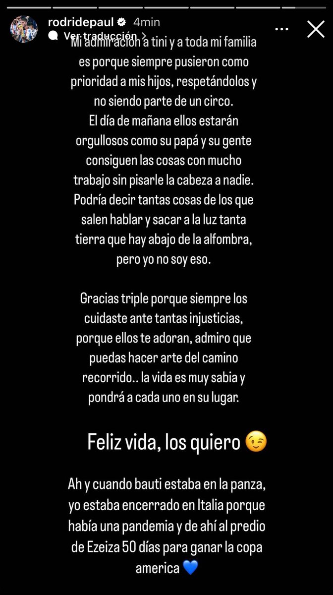fedeebongiorno's tweet photo. 📲 Rodrigo De Paul le dedicó unas palabras a Tini, su ex, tras el lanzamiento de su nueva música: 

“Gracias triple porque siempre cuidaste [a mis hijos] ante tantas injusticias, porque ellos te adoran, admiro que puedas hacer arte del camino recorrido” https://t.co/KTRrSbndVi