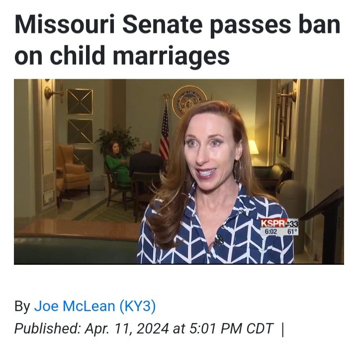 Missouri lawmakers have advanced a bill to ban child marriage in the state without exception! The single 'no' vote came from Senator Mike Moon who has a history of defending child marriage. The bill now will go to the house, where if passed, it could then be signed into law,…