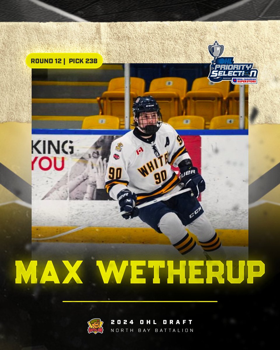 With the 238th pick in the 2024 #OHLDraft, the North Bay Battalion select Max Wetherup.

#GoTroopsGo