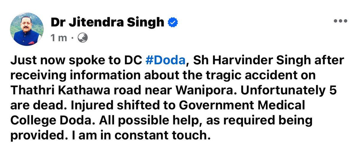 डा जितेंद्र सिंह ने डोडा सड़क हादसे में पांच लोगों की मौत पर दुख जताया, डीसी से बात कर राहत कार्यों की जानकारी ली