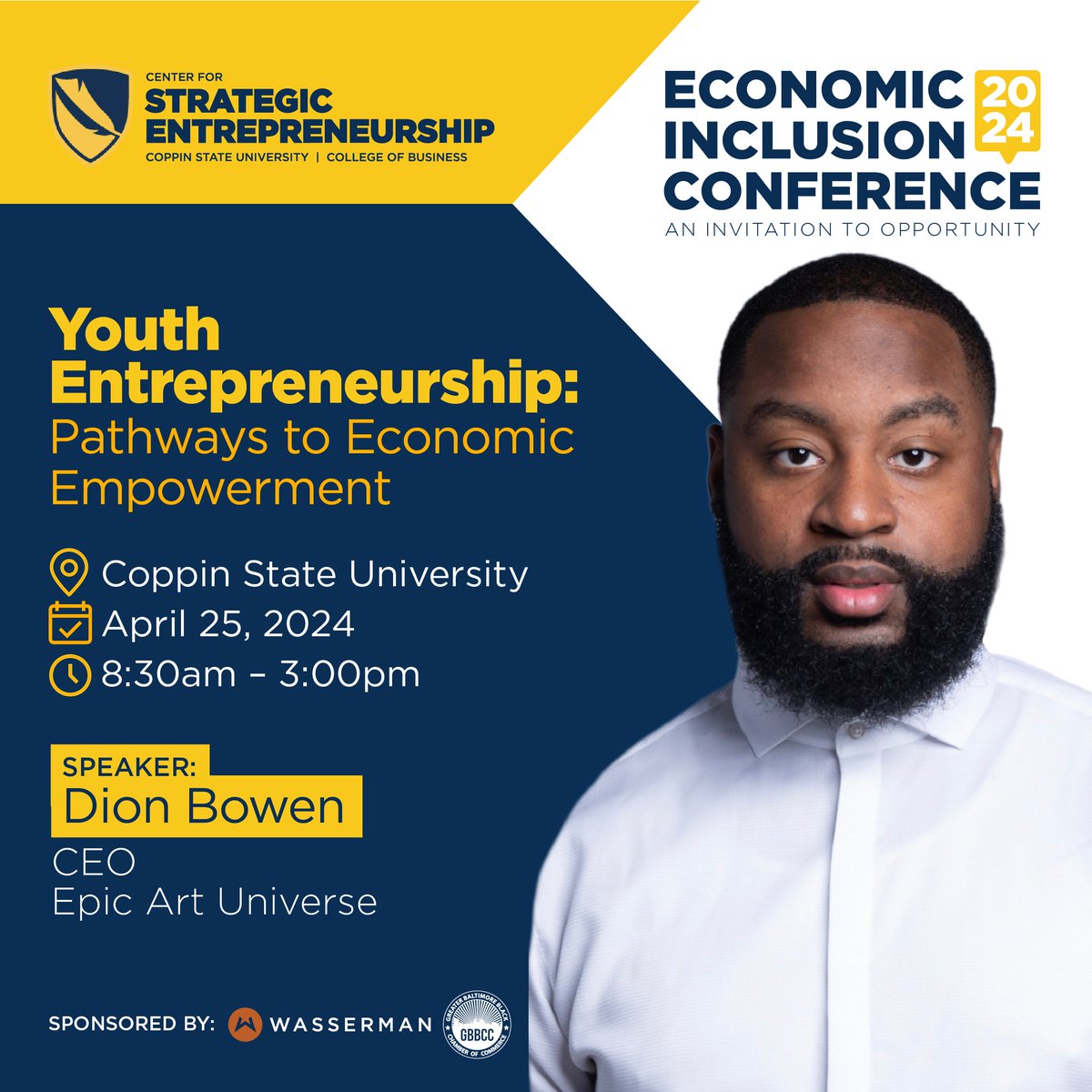 Learn from Dion Bowen, CEO of Epic Art Universe, as he empowers the next generation to break through barriers and thrive despite challenging circumstances, helping them discover and pursue their passions. Register at: coppin.edu/eicac #EICAC2024 #Entrepreneurship
