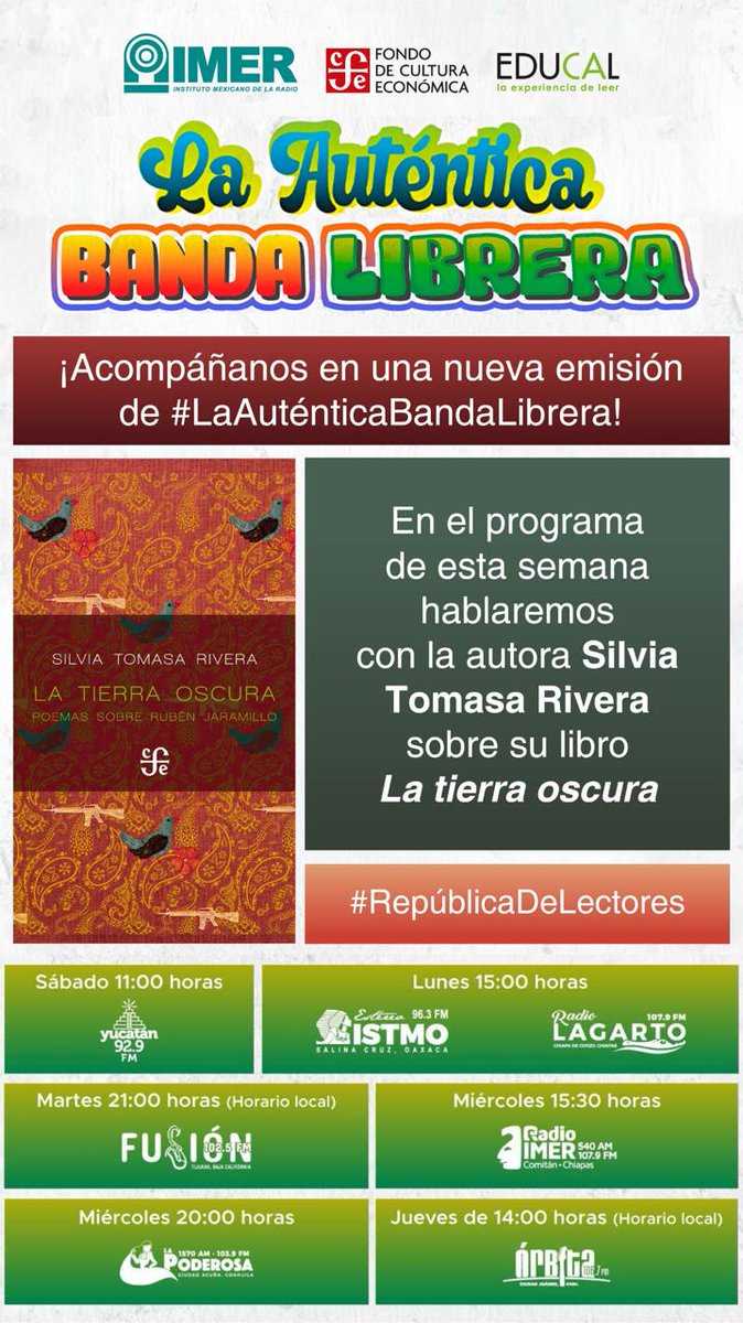 Hoy en #LaAuténticaBandaLibrera hablaremos con Silvia Tomasa Rivera sobre su libro 'La tierra oscura'. Sigue la emisión a las 11 horas por Grupo Imer ( @imerhoy ).

@LibreriasEducal @yucatan929fm
#RepúblicaDeLectores 
#LeerTransforma